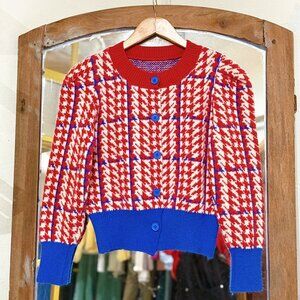 Retro Red White Blue Houndstooth Knit Cardigan